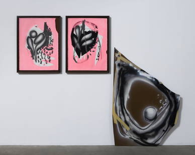 AARON CURRY, Infinite mask / Perpetual mash up (pink): AARON CURRY (1972) Infinite mask / Perpetual mash up (pink) 2008 Cardboard, oil, ribbon, resin, ink and acrylic gouache on paper Dimensions of the two artworks with frame: 82,6 x 63,5 cm Painting on c