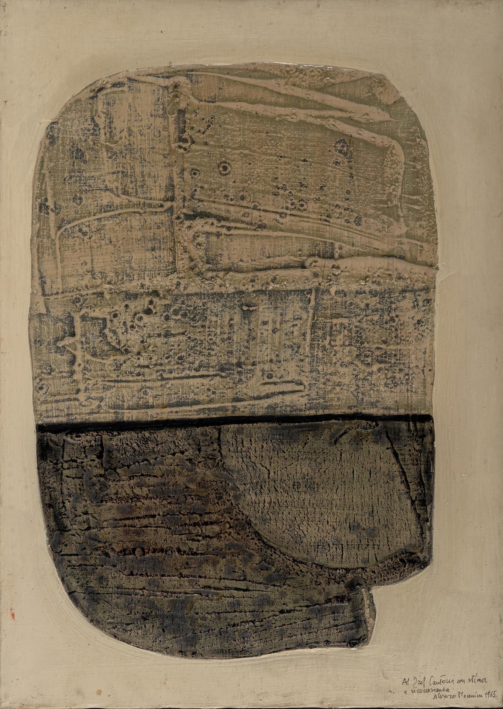 ALVARO MONNINI, Untitled: English Description ALVARO MONNINI(1922 - 1987)Untitled1965Mixed media on canvas69 x 49,5 cmDedicated, signed and dated lower rightSigned and titled on the reversePROVENANCE:Galleria Schettini, Milano