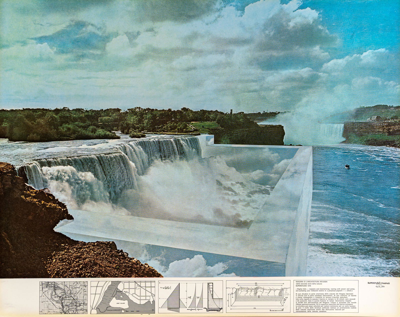 SUPERSTUDIO, Niagara o L'architettura riflessa: English Description SUPERSTUDIO(1966)Niagara o L'architettura riflessa1970Offset photographic printg on glossy paper, ed. 428/500, Plura Edizioni, Milan (blindstamp)68,5 x 86,5 cmStamp, initialled in