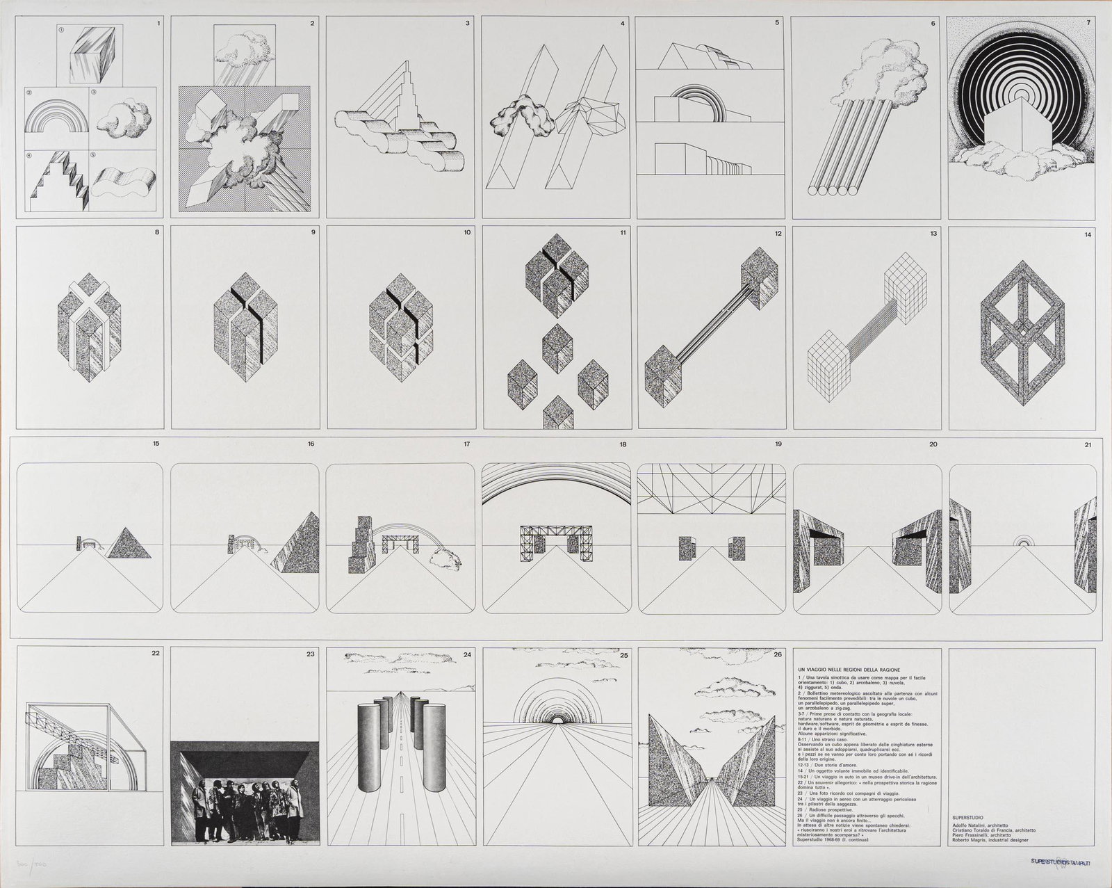 SUPERSTUDIO, Un viaggio nelle regioni della ragione: English Description SUPERSTUDIO(1966)Un viaggio nelle regioni della ragione1968-1969Silkscreen, ed. 271/500, Plura Edizioni, Milan (blindstamp)68,5 x 86,5 cmStamp, initialled in pencil by Adolfo Natal