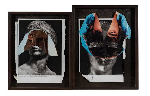 AARON CURRY, Schizoid Sorcerers (Hellequin's Armor): AARON CURRY (1972) Schizoid Sorcerers (Hellequin's Armor) 2008 Diptych comprised of two printed paper collage Work on the right dimensions: 40 x 31 cm Work on the left dimensions: 37 x 30 cm Work acco