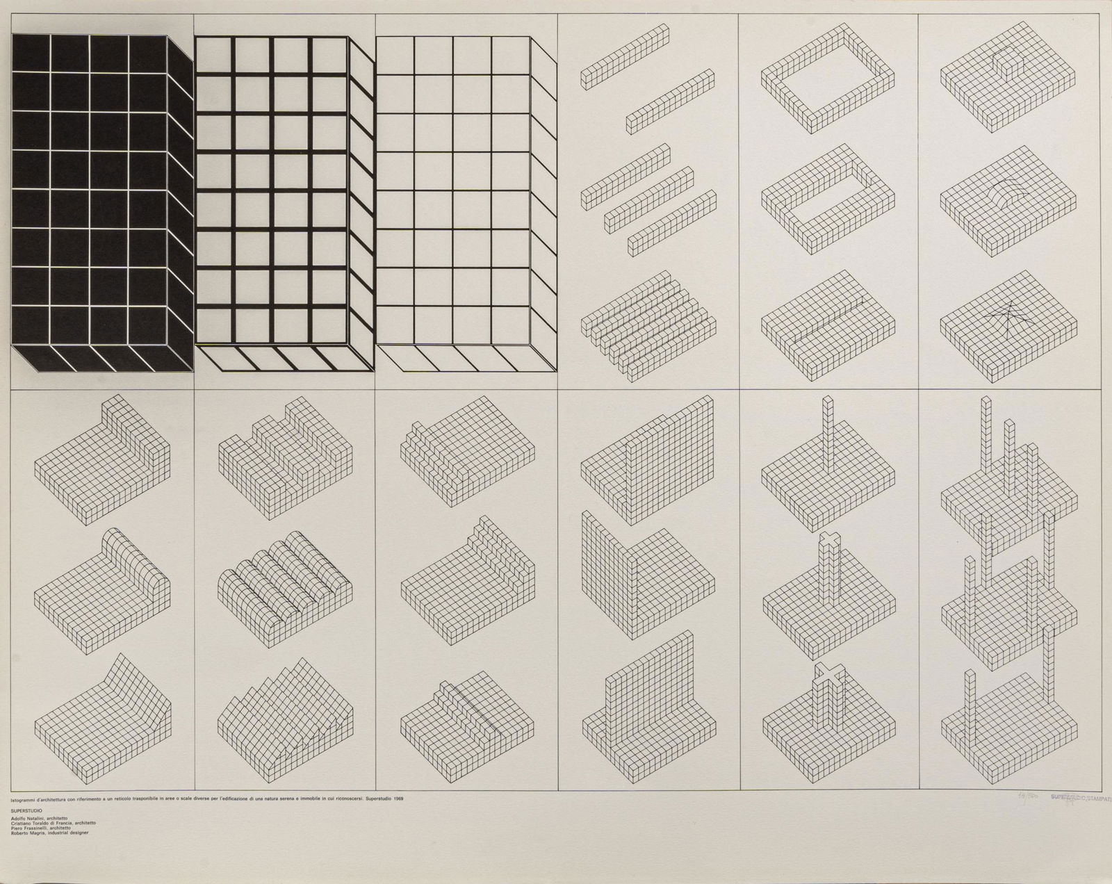 SUPERSTUDIO, Istogrammi d'architettura con riferimento: SUPERSTUDIO (1966) Istogrammi d'architettura con riferimento a un reticolo trasponibile in aree o scale diverse per l'edificazione di una natura serena e immobile in cui riconsocersi 1969 Silkscreen,