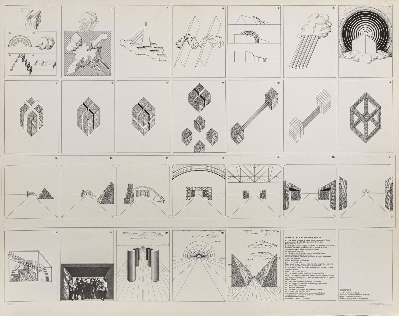 SUPERSTUDIO, Un viaggio nelle regioni della ragione: SUPERSTUDIO (1966) Un viagio nelle regioni della ragione 1968-1969 Silkscreen, ed. 179/500, Plura Edizioni, Milan (blindstamp) 68,5 x 86,5 cm Stamped and initialled in pencil with autograph monogram b
