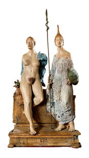 UGO RIVA, Il gioco delle parti: UGO RIVA(1951)Il gioco delle parti1991Polychrome clay and bronze sculpture, unique example100 x 49 x 24 cmWork accompanied by a certificate of authenticity on photograph signed by the artistPROVENANCE
