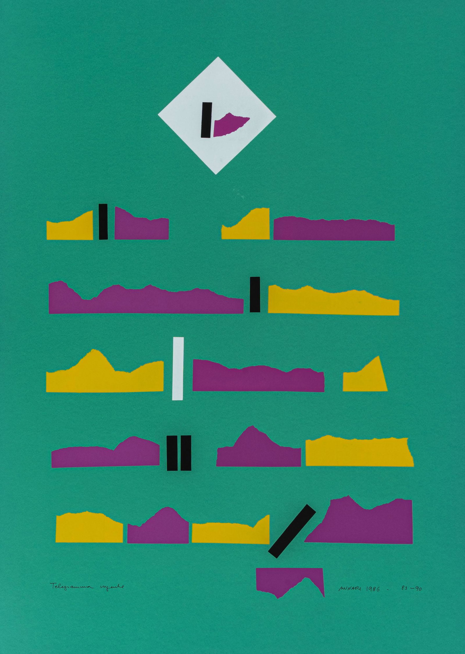 BRUNO MUNARI, Telegramma urgente: BRUNO MUNARI (1907 - 1998) Telegramma urgente 1986 Silkscreen on coloured paper, ed. 83/90 70 x 50 cm Signed, dated and numbered lower right, titled lower left PROVENANCE: Private collection, Milan