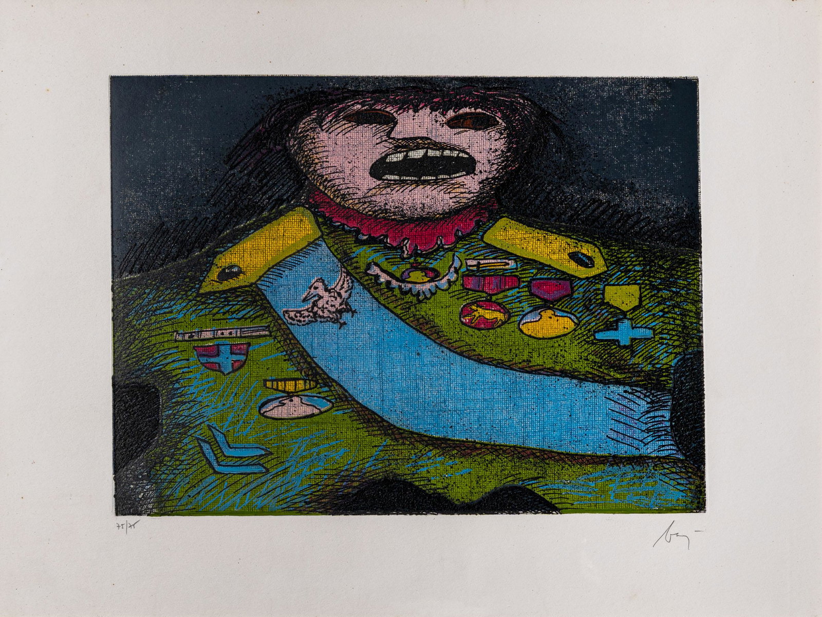 ENRICO BAJ, Anamorfosi di generale: ENRICO BAJ (1924 - 2003) Anamorforsi di generale 1971 Etching, ed. 75/75 36 x 48,5 cm (plate) 53 x 70 cm (sheet) Signed in pencil lower right and numbered lower left PROVENANCE: Private collection, Va