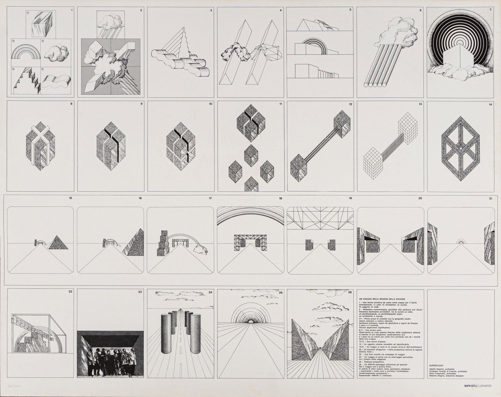 SUPERSTUDIO, Un viaggio nelle regioni della ragione: SUPERSTUDIO (1966) Un viaggio nelle regioni della ragione 1968-1969 Silkscreen, ed. 267/500, Plura Edizioni, Milan (blindstamp) 68,5 x 86,5 cm Stamped and initialled in pencil with autographed monogra