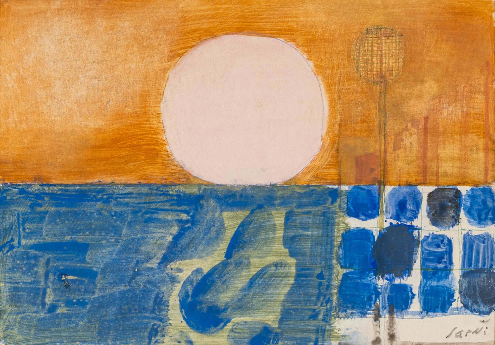 BRUNO SAETTI, Paesaggio con sole: BRUNO SAETTI(1902 - 1984)Paesaggio con soleMixed media on canvas35 x 50 cmSigned lower rightWork accompanied by a certificate of authenticity on photograph issued by Galleria San Carlo, MilanPROVENANC