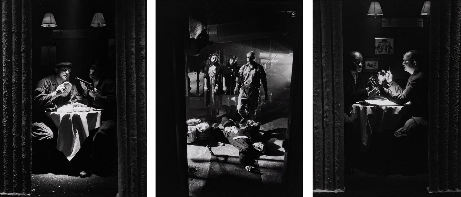 CATHERINE SULLIVAN, Suite F - Sanya Steals Bread/Dead Stanislav Girl/Sanya and Petya Take Blood Oath: CATHERINE SULLIVAN(1968)Suite F - Sanya Steals Bread/Dead Stanislav Girl/Sanya and Petya Take Blood Oath2004Triptych comprised of three black and withe photographic prints from the film Ice Floes of F