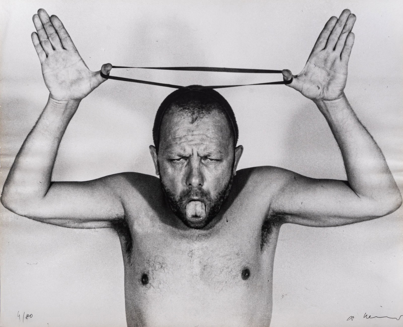 ARNULF RAINER, Untitled, from the series 'The elastic band series of face farces': ARNULF RAINER(1929)Untitled, from the series 'The elastic band series of face farces'1972Gelatine silver print on firm paper, ed. 4/8048,3 x 60 cmSigned in pencil lower right and numbered lower leftPR