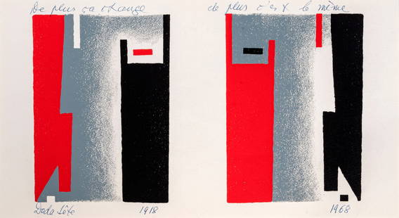 HANS RICHTER (1888 - 1976) Le plus ça change le plus c'est le méme (Dada fête) 1968 Litografia,: HANS RICHTER (1888 - 1976) Le plus ça change le plus c'est le méme (Dada fête) 1968 Litografia, esemplare non numerato 21 x 38 cm Titolata in alto e numerata in basso a destra Firma e dedica al ret