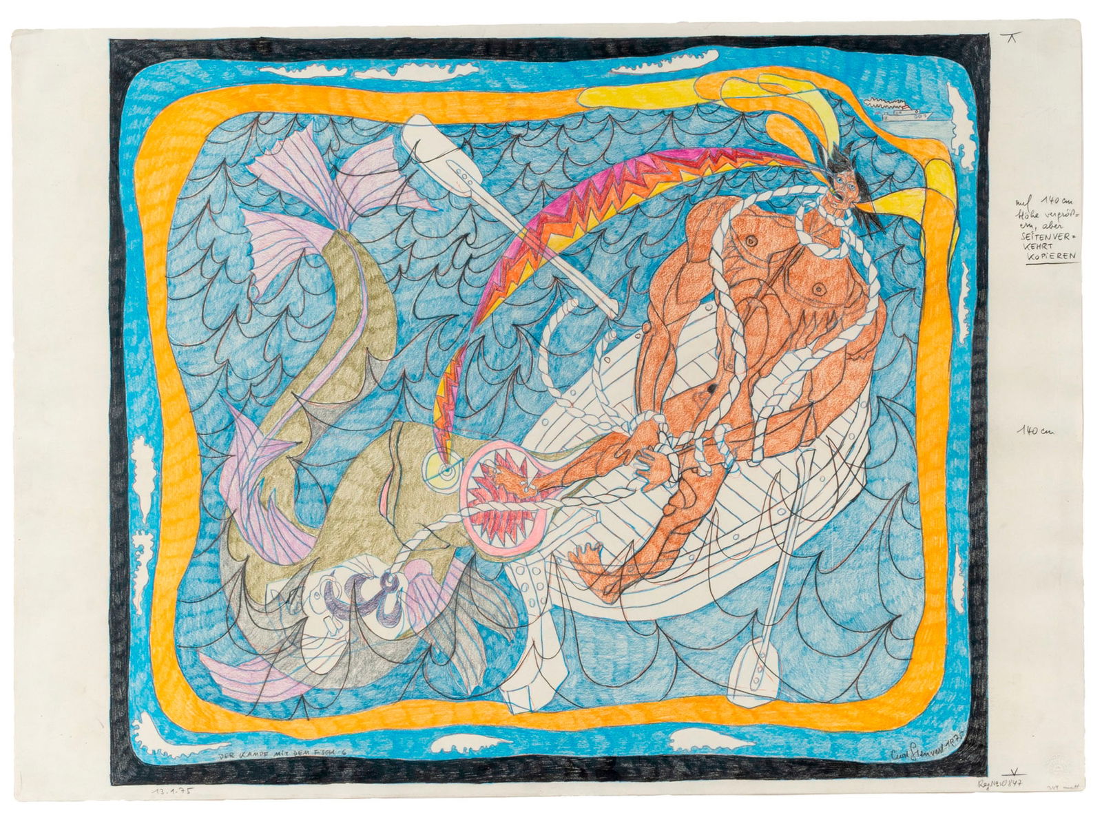 CURT STENVERT, Der kampf mit dem fisch 6: CURT STENVERT (1920 - 1992) Der kampf mit dem fisch 6 1975 Mixed media on paper 56 x 78 cm Signed and dated lower right and titled lower left PROVENANCE: Galleria d'Arte Narciso, Turin (label on the r