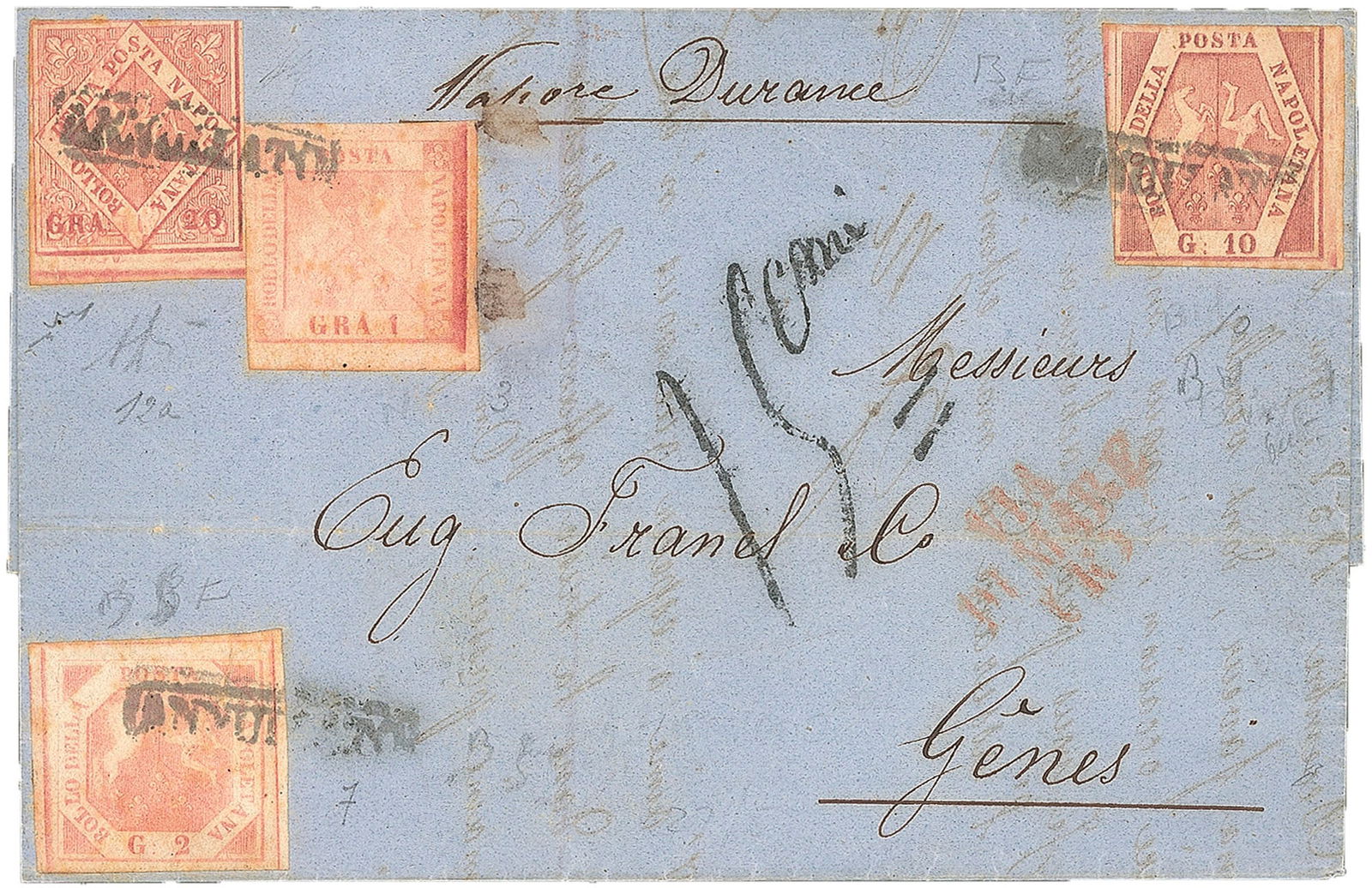 Antichi Stati Italiani - Napoli - Lettera (3 + 7 + 10 + 12 cat. 7.000): Antichi Stati Italiani - Napoli - Lettera (3 + 7 + 10 + 12 cat. 7.000) Lettera da Napoli 23 febbraio 1859 viaggiata per mare con 'Vapore Durance' affrancata con 1 gr. + 2 gr. + 10 gr. + 20 gr. (3 + 7