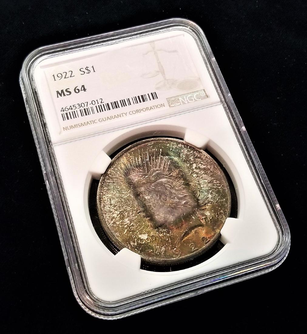 1922 S$1 MS64 NGC SILVER PEACE DOLLAR RAINBOW TONED (1 of 3)
