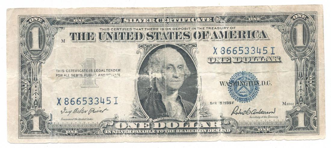 1935F United States Silver Certificate X86653345I: Winner of this item shall receive the exact certificate shown here. This note was printed in 1935.