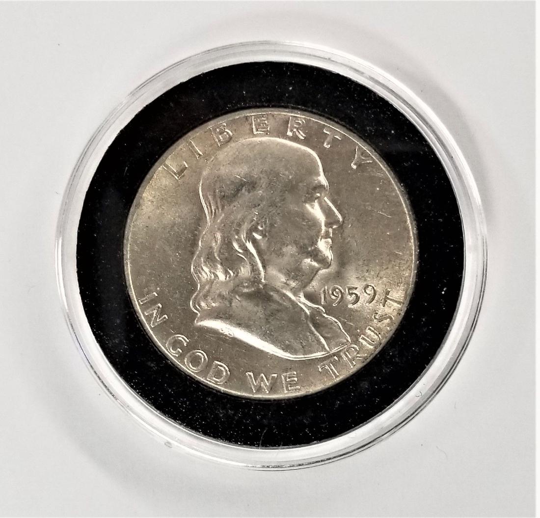 1959-D Benjamin Franklin Half Dollar: Winner of this item shall receive the exact items shown. Type: Ben Franklin Half Dollar Year: 1959 Mint Mark: D Face Value: 0.50 USD Total Produced: 13,053,000