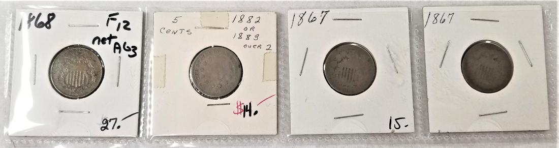 (4) US Shield Nickels 1868, 1882?, 1867, 1867 (1 of 2)