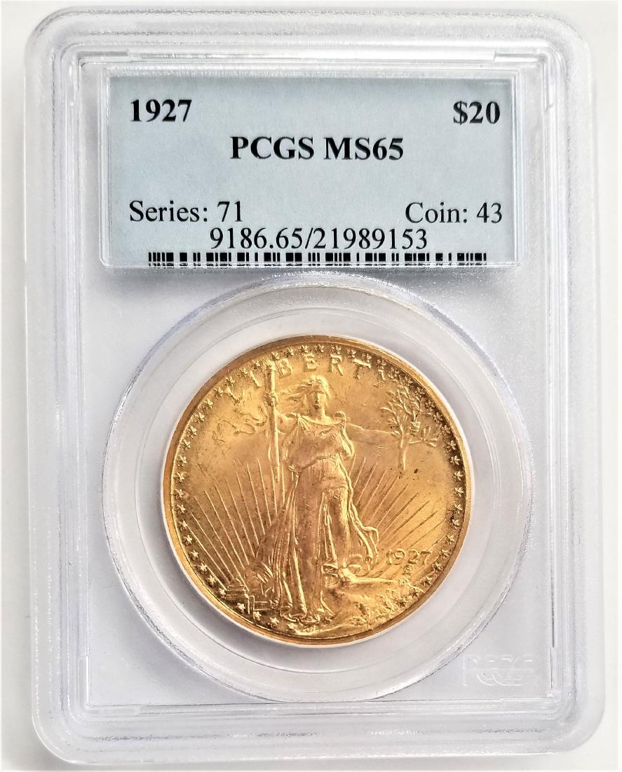 1927 $20 GOLD SAINT GAUDENS PCGS MS 65 DOUBLE EAGLE: 1927 $20 GOLD SAINT GAUDENS PCGS MS 65 DOUBLE EAGLE SERIES: 71 COIN: 43 Winner shall receive the exact coin shown here.