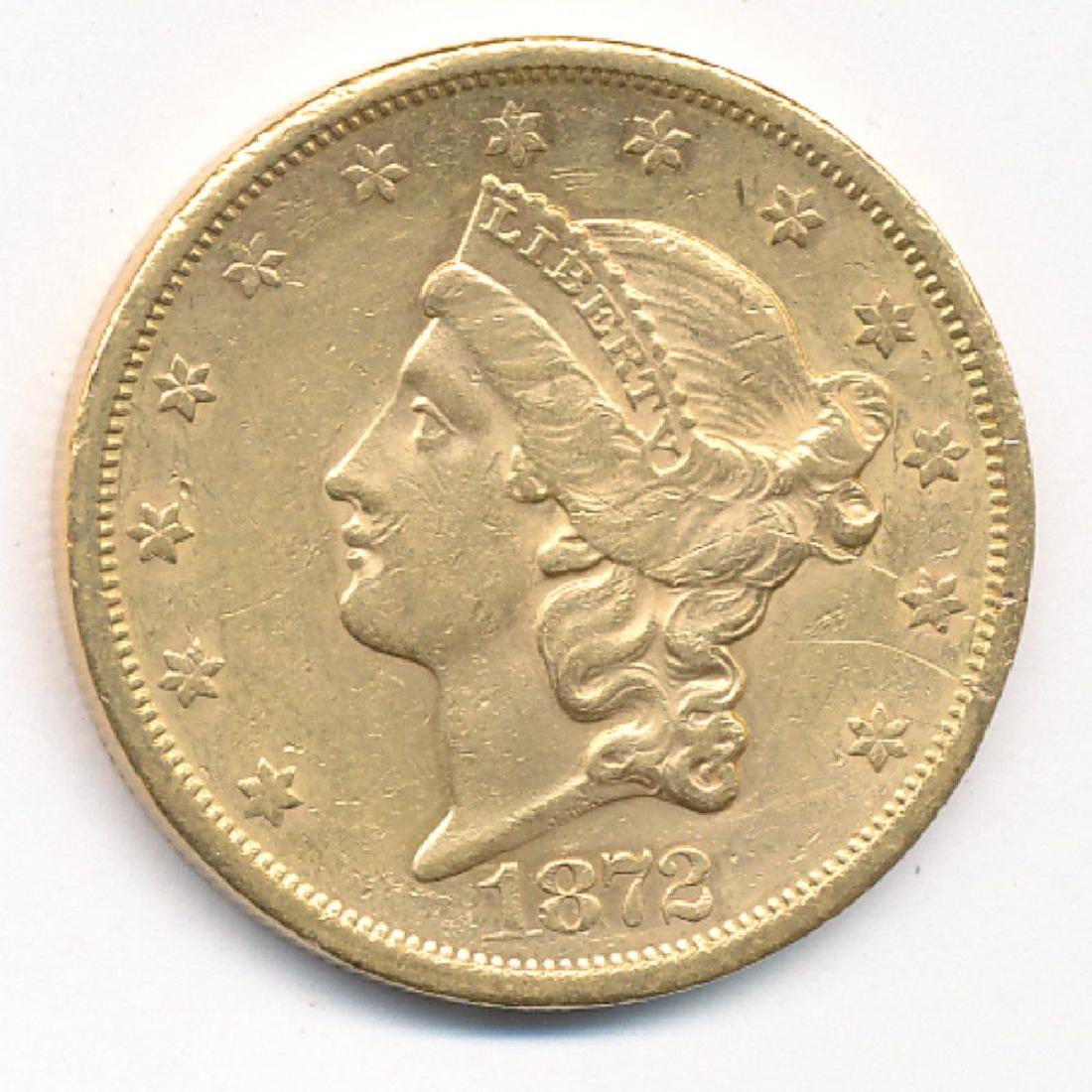 1872-S $20 Gold Liberty Head Strong AU Rare Date: This $20 Gold Liberty is a Strong AU, at least AU58 with small handling mark on the right obverse field. Very rare date! Winner shall receive the exact coin shown here.
