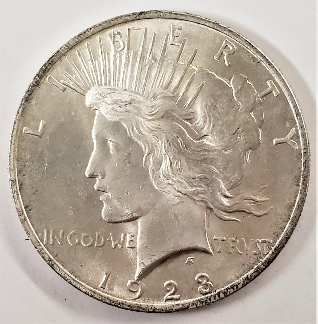 1923 BU Peace Silver Dollar: WINNER OF THIS ITEM SHALL RECEIVE THE EXACT COIN SHOWN IN THE FIRST TWO PHOTOS! The third picture is just to show that this coin is from the Arthur Liss Type Set! This coin is part of the Arthur Liss