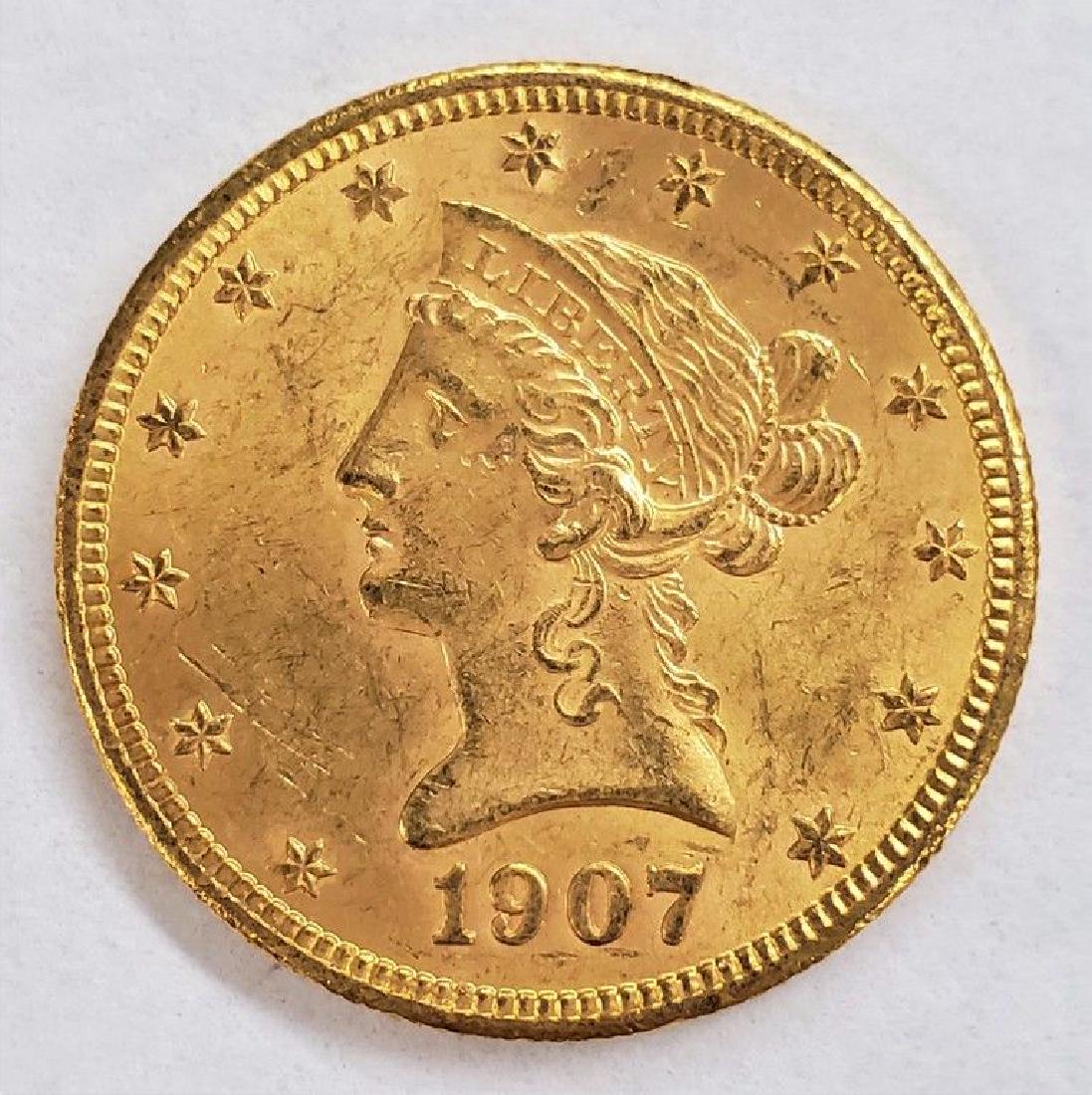 1907-S $10 LIBERTY GOLD BU: WINNER SHALL RECEIVE EXACT COIN SHOWN Category: Liberty Head $10 (1838-1907) Mint: San Francisco Mintage: 210,500 Obverse Designer: Christian Gobrecht Reverse Designer: Christian Gobrecht Composition: