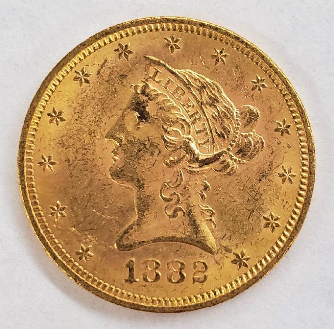 1882-S $10 LIBERTY GOLD BU: WINNER SHALL RECEIVE EXACT COIN SHOWN Category: Liberty Head $10 (1838-1907) Mint: San Francisco Mintage: 132,000 Obverse Designer: Christian Gobrecht Reverse Designer: Christian Gobrecht Composition: