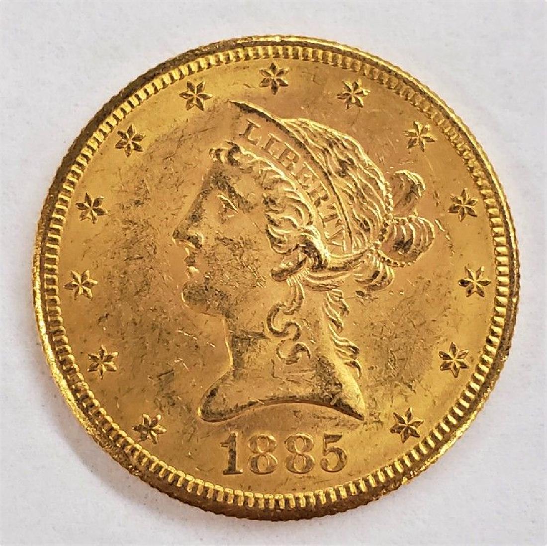 1885-S $10 LIBERTY GOLD BU: WINNER SHALL RECEIVE EXACT COIN SHOWN Category: Liberty Head $10 (1838-1907) Mint: San Francisco Mintage: 228,000 Obverse Designer: Christian Gobrecht Reverse Designer: Christian Gobrecht Composition: