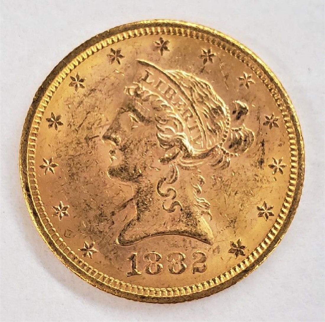 1882-S $10 LIBERTY GOLD BU: WINNER SHALL RECEIVE EXACT COIN SHOWN Category: Liberty Head $10 (1838-1907) Mint: San Francisco Mintage: 132,000 Obverse Designer: Christian Gobrecht Reverse Designer: Christian Gobrecht Composition: