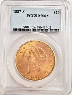 1887-S $20 LIBERTY HEAD GOLD PCGS MS62: WINNER SHALL RECEIVE EXACT COIN SHOWN