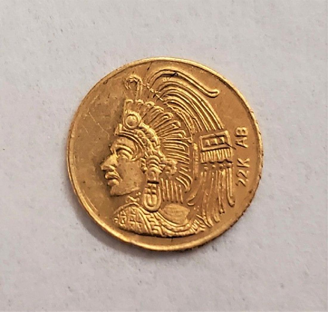 AZTEC TINY GOLD 0.5 GRAMS 22K AB: Azetec dress Indian #1 with Aztec calendar on reverse. This is Cuauhtemoc Marked 22K gold & signed AB. WINNER SHALL RECIEVE EXACT COIN SHOWN.