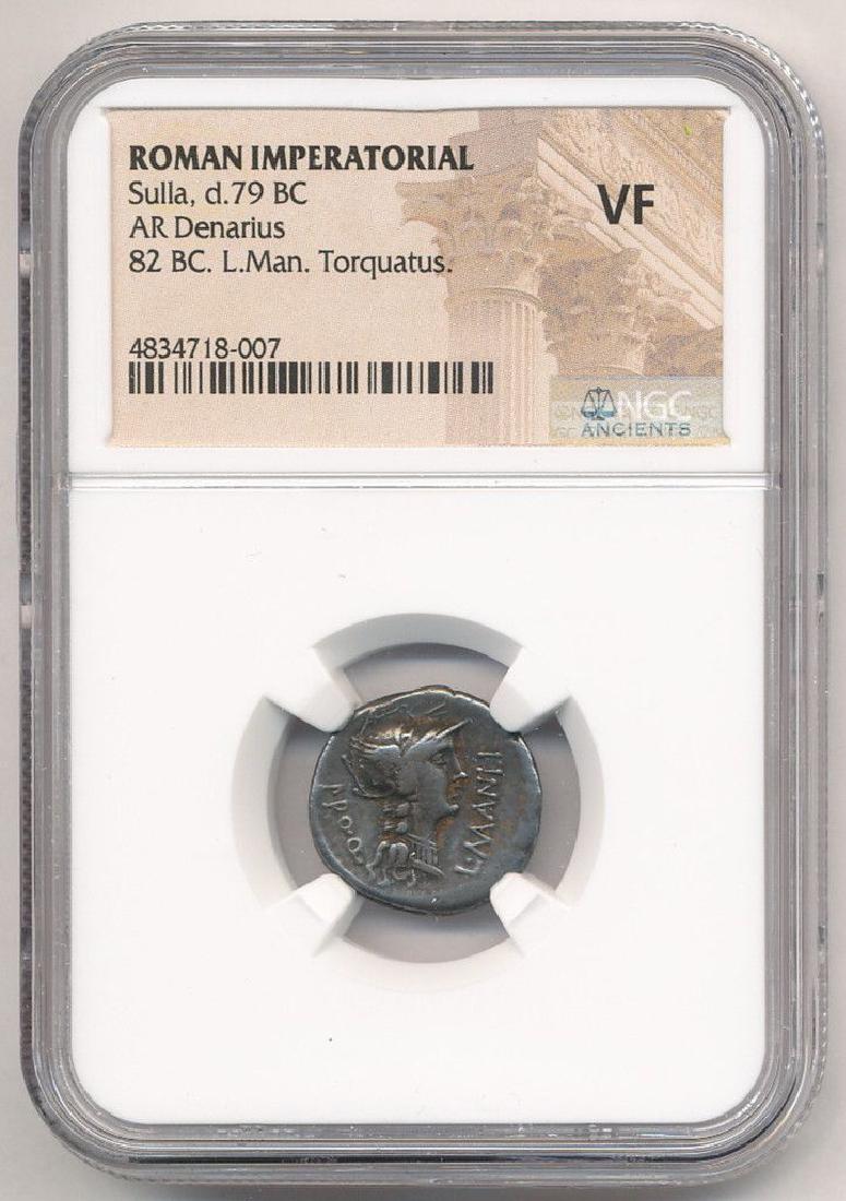SULLA FELIX & L. MANLIUS TORQUANTUS AR DENARIUS VF NGC: SULLA FELIX & L. MANLIUS TORQUANTUS AR DENARIUS VF NGC ANCIENT WINNER SHALL RECEIVE EXACT COIN SHOWN.