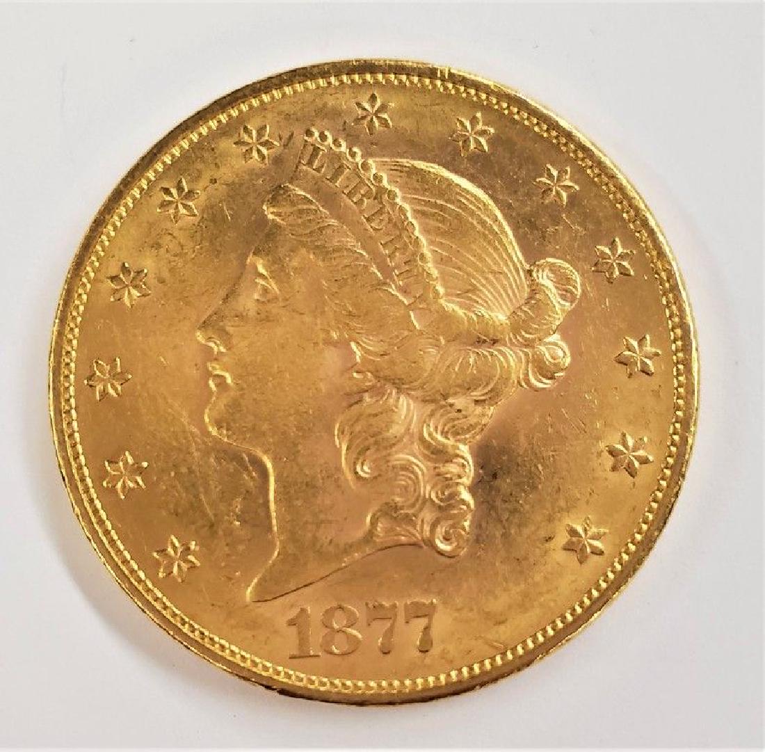 1877-S MS62PL $20 GOLD LIBERTY: 1877-S MS62PL $20 GOLD LIBERTY WINNER SHALL RECEIVE EXACT COIN SHOWN.