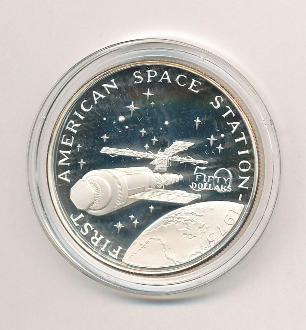 1989 MARSHALL ISLANDS $50 SILVER PROOF COIN: 1989 MARSHALL ISLANDS $50 SILVER PROOF FIRST AMERICAN SPACE STATION. WINNER SHALL RECEIVE THE EXACT COIN SHOWN.