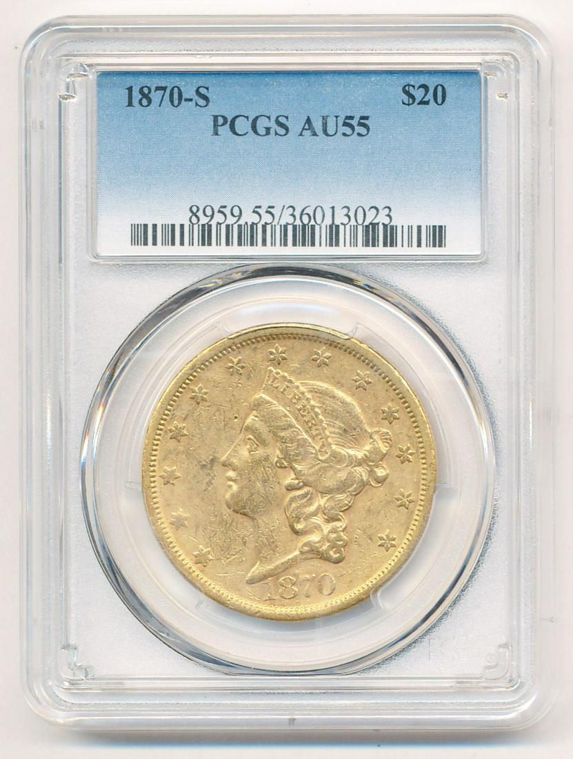 1870-S $20 LIBERT HEAD GOLD PCGS AU 55: RARE DATE!! 1870-S $20 LIBERT HEAD GOLD PCGS AU 55. WINNER SHALL RECEIVE THE EXACT COIN SHOWN HERE.