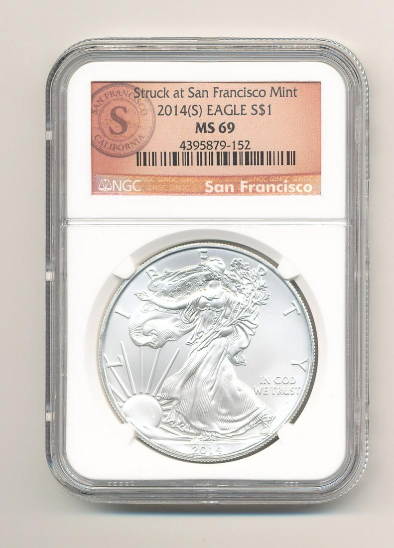 2014-S SAN FRANCISCO MINT ASE NGC MS 69: 2014-S SAN FRANCISCO MINT AMERICAN SILVER EAGLE NGC MS 69 THE NGC PRICE GUIDE IS PER COIN VALUE AT $39 WINNER SHALL RECEIVE THE EXACT COIN SHOWN.