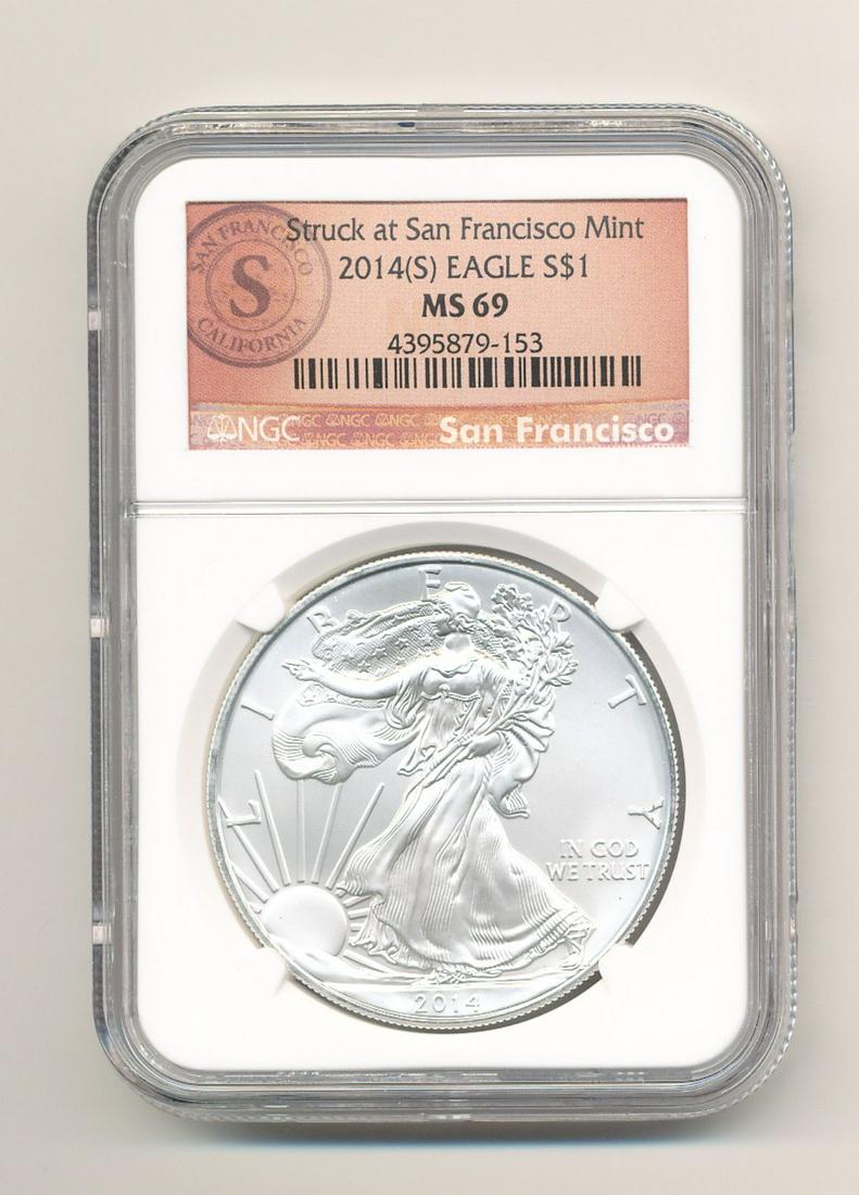 2014-S SAN FRANCISCO MINT ASE NGC MS 69: 2014-S SAN FRANCISCO MINT AMERICAN SILVER EAGLE NGC MS 69 THE NGC PRICE GUIDE IS PER COIN VALUE AT $39 WINNER SHALL RECEIVE THE EXACT COIN SHOWN.
