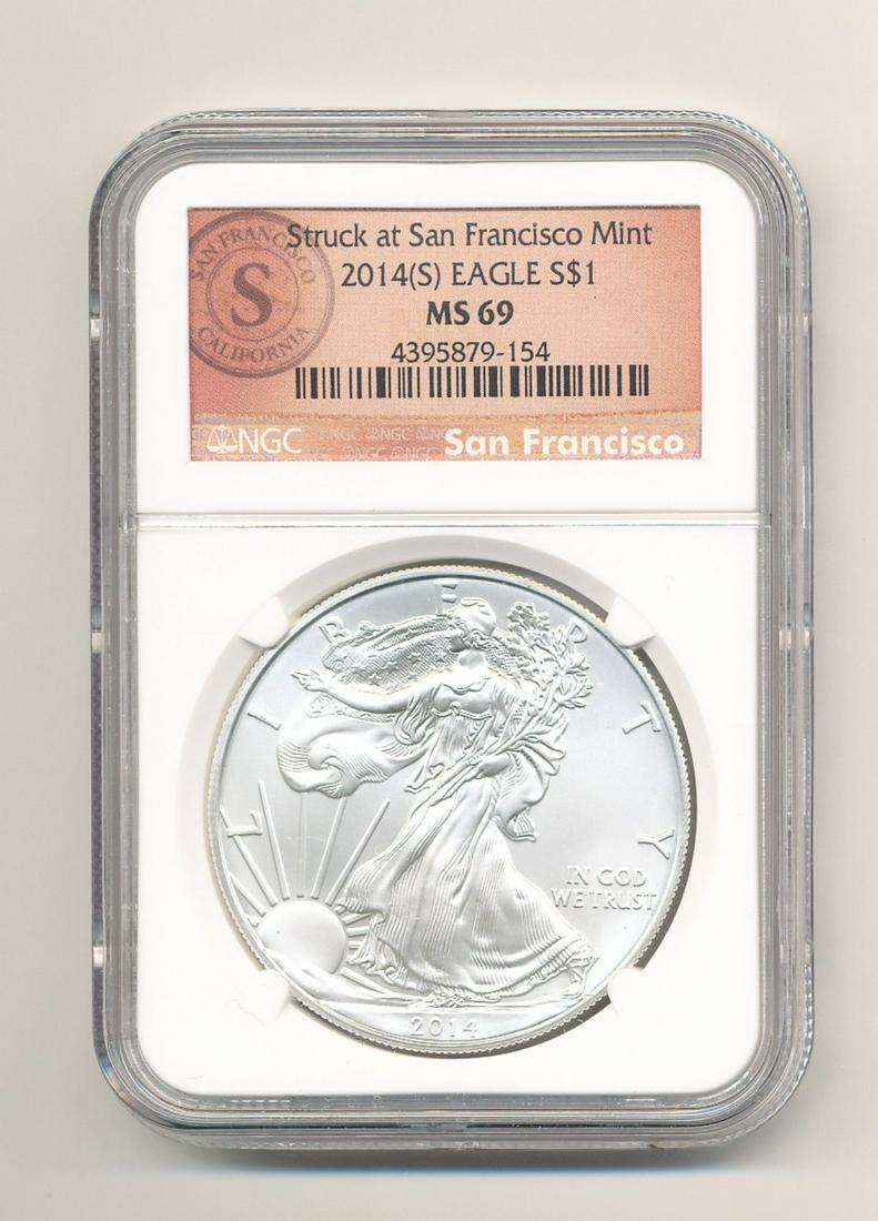 2014-S SAN FRANCISCO MINT ASE NGC MS 69: 2014-S SAN FRANCISCO MINT AMERICAN SILVER EAGLE NGC MS 69 THE NGC PRICE GUIDE IS PER COIN VALUE AT $39 WINNER SHALL RECEIVE THE EXACT COIN SHOWN.