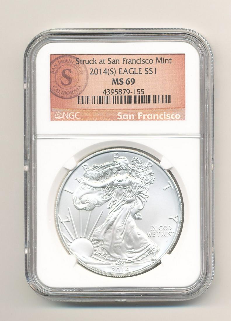 2014-S SAN FRANCISCO MINT ASE NGC MS 69: 2014-S SAN FRANCISCO MINT AMERICAN SILVER EAGLE NGC MS 69 THE NGC PRICE GUIDE IS PER COIN VALUE AT $39 WINNER SHALL RECEIVE THE EXACT COIN SHOWN.