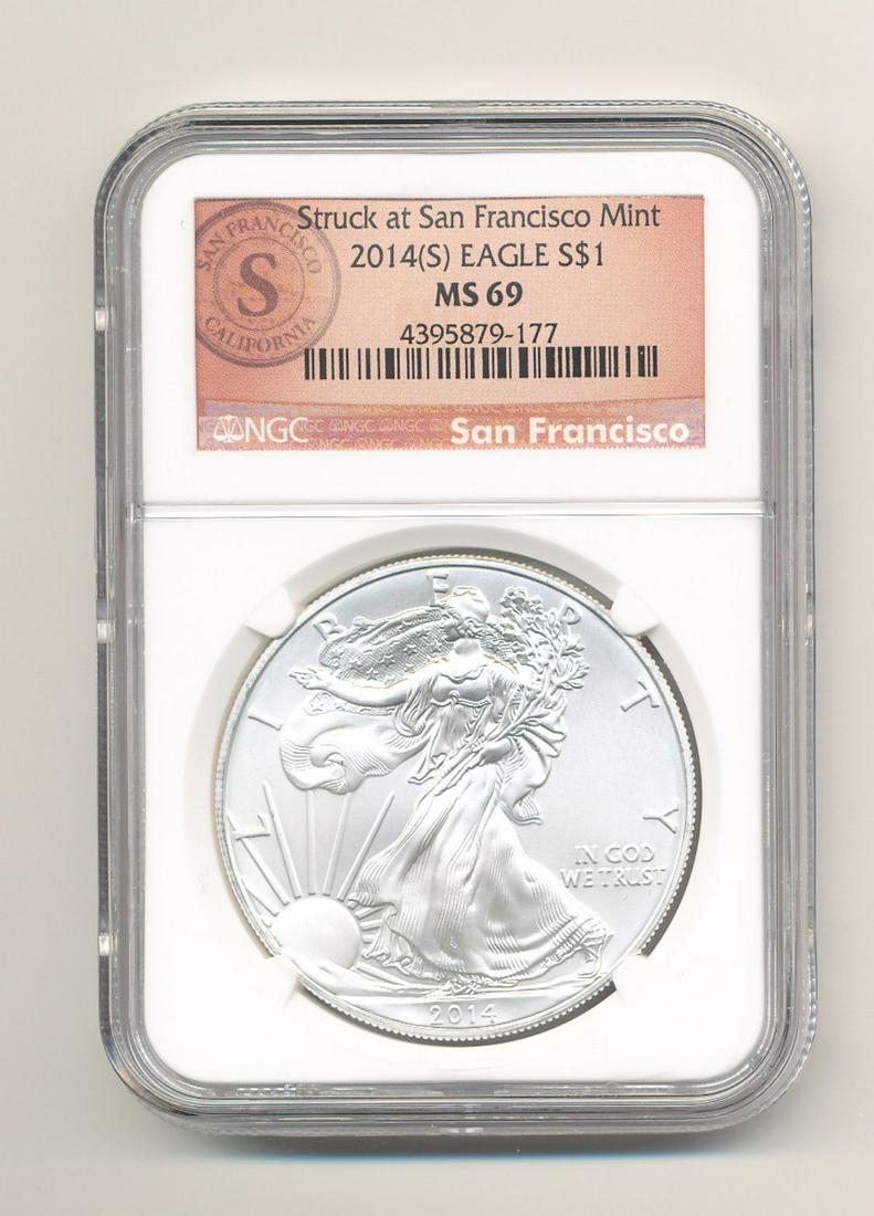 2014-S SAN FRANCISCO MINT ASE NGC MS 69: 2014-S SAN FRANCISCO MINT AMERICAN SILVER EAGLE NGC MS 69 THE NGC PRICE GUIDE IS PER COIN VALUE AT $39 WINNER SHALL RECEIVE THE EXACT COIN SHOWN.