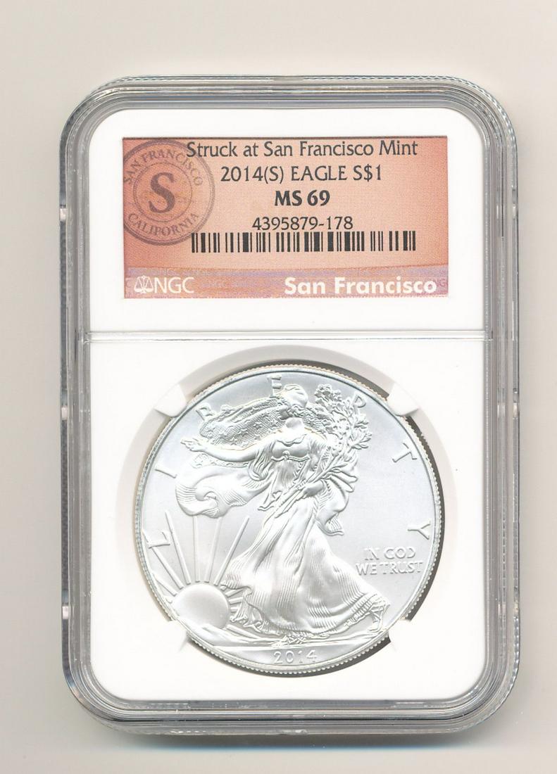 2014-S SAN FRANCISCO MINT ASE NGC MS 69: 2014-S SAN FRANCISCO MINT AMERICAN SILVER EAGLE NGC MS 69 THE NGC PRICE GUIDE IS PER COIN VALUE AT $39 WINNER SHALL RECEIVE THE EXACT COIN SHOWN.