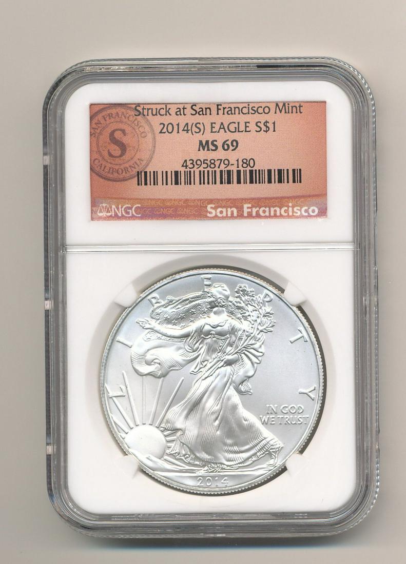 2014-S SAN FRANCISCO MINT ASE NGC MS 69: 2014-S SAN FRANCISCO MINT AMERICAN SILVER EAGLE NGC MS 69 THE NGC PRICE GUIDE IS PER COIN VALUE AT $39 WINNER SHALL RECEIVE THE EXACT COIN SHOWN.