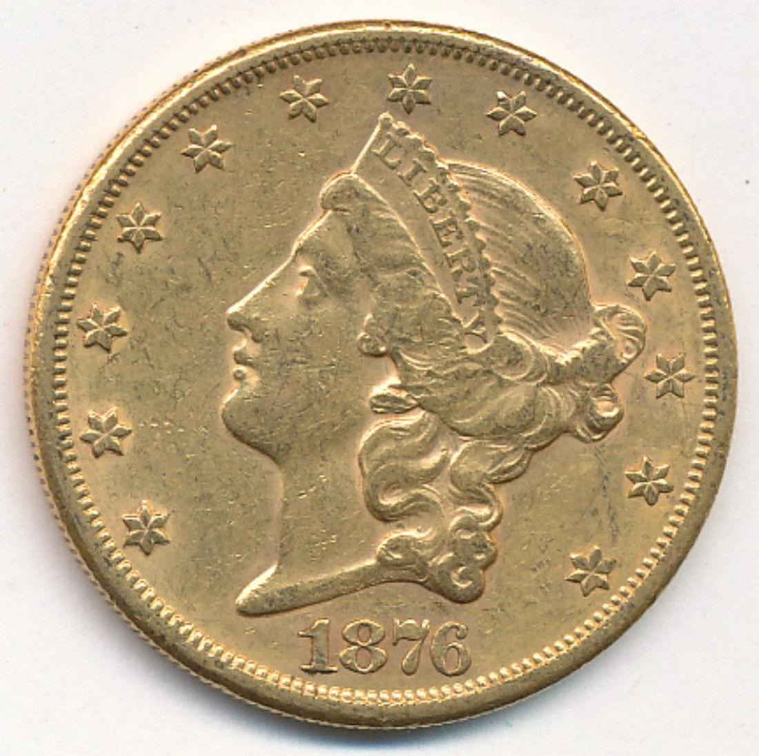 1876 $20 GOLD LIBERTY HEAD AU RARE TYPE 2: 1876 $20 GOLD LIBERTY HEAD AU RARE TYPE 2. WINNER SHALL RECEIVE THE EXACT COIN SHOWN.