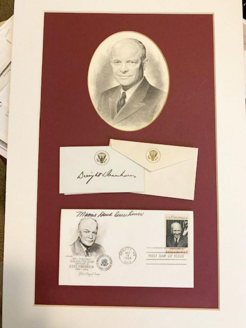 DWIGHT D. EISENHOWER AND MANUEL DOUD EISENHOWER: DESIRABLE, UNCOMMON, HARD TO FIND PRESTIGIOUS GOLD GILDED EDGE PRESIDENTIAL CALLING CARD SIGNED BY DWIGHT EISENHOWER. 12" X 16" READY TO FRAME THE CARD AND ENVELOPE CAME LOOSE AND NEEDS ARCHIVAL CARE