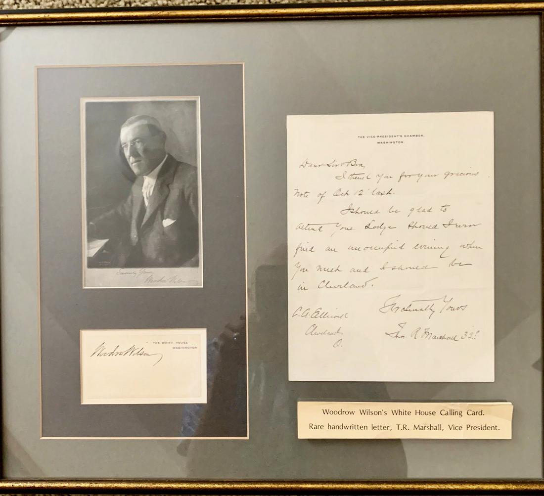 WOODROW WILSON SIGNED WHITE HOUSE CARD AS PRES.: WOODROW WILSON SIGNED WHITE HOUSE CARD AS PRESIDENT WILSON TYPICALLY SIGNED AT THE TOP TO BE SURE NOTHING WAS INCLUDED ABOVE HIS SIGNATURE. FREEMASONRY CONNECTION: THOMAS R. MARSHALL, A HAND WRITTEN L