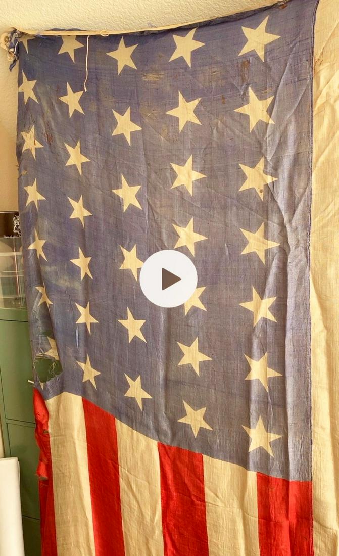 34 STAR FLAG 4 1/2' X 7' 1ST TERM OF ABE LINCOLN: A 34 STAR FLAG FROM THE FIRST TERM OF ABRAHAM LINCOLN. I CANNOT ATTEST TO THE TIMEFRAME THAT THE FLAG WAS MADE, THESE PICTURES SHOW THE FLAG IN NEED OF REPAIR ORIGINAL. HAND STITCHED AS SHOWN. MEASURE