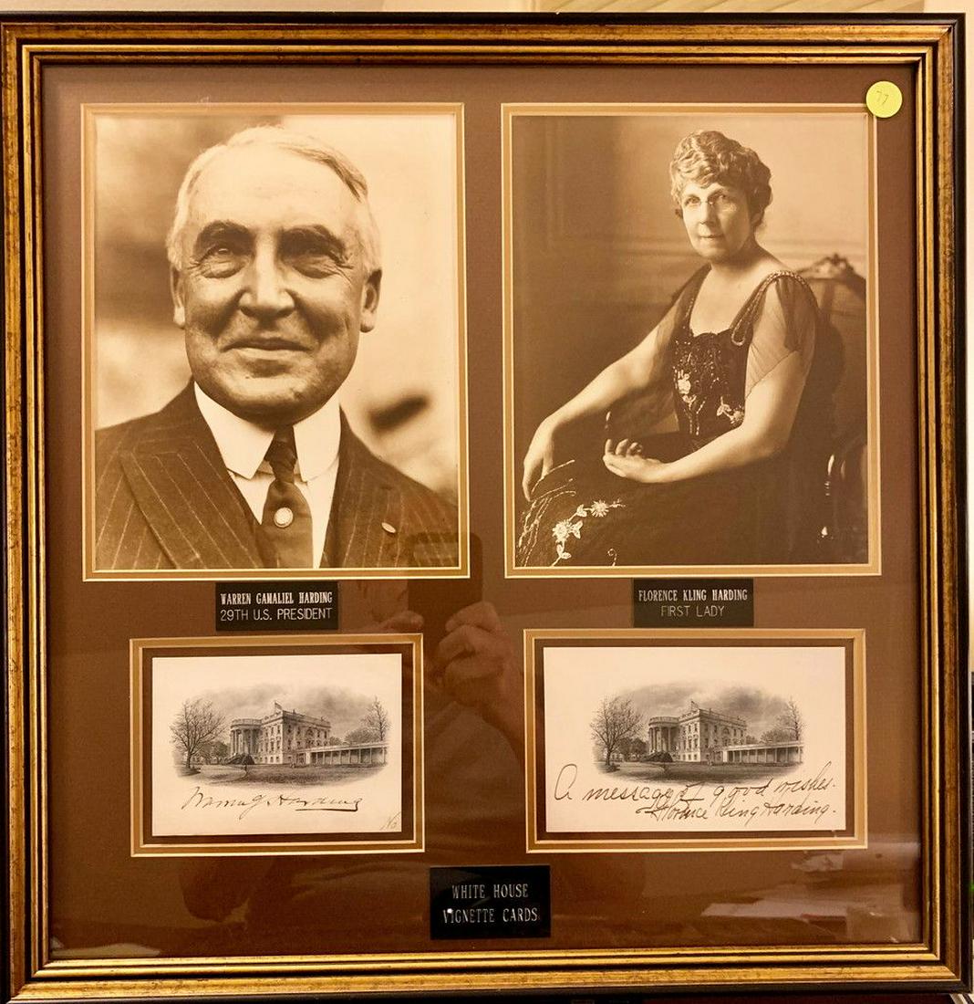 WARREN + FLORENCE HANDING 18"X19" FRAME: WARREN G. HARDING BUREAU OF ENGRAVING AND PRINTING OF THE WHITE HOUSE...BOLDLY SIGNED FIRST LADY FLORENCE KLING HARDING SANE CARD WITH "A MESSAGE OF GOOD WISHES"...BOLDLY SIGNED A DOUBLE MATTED 20"X20
