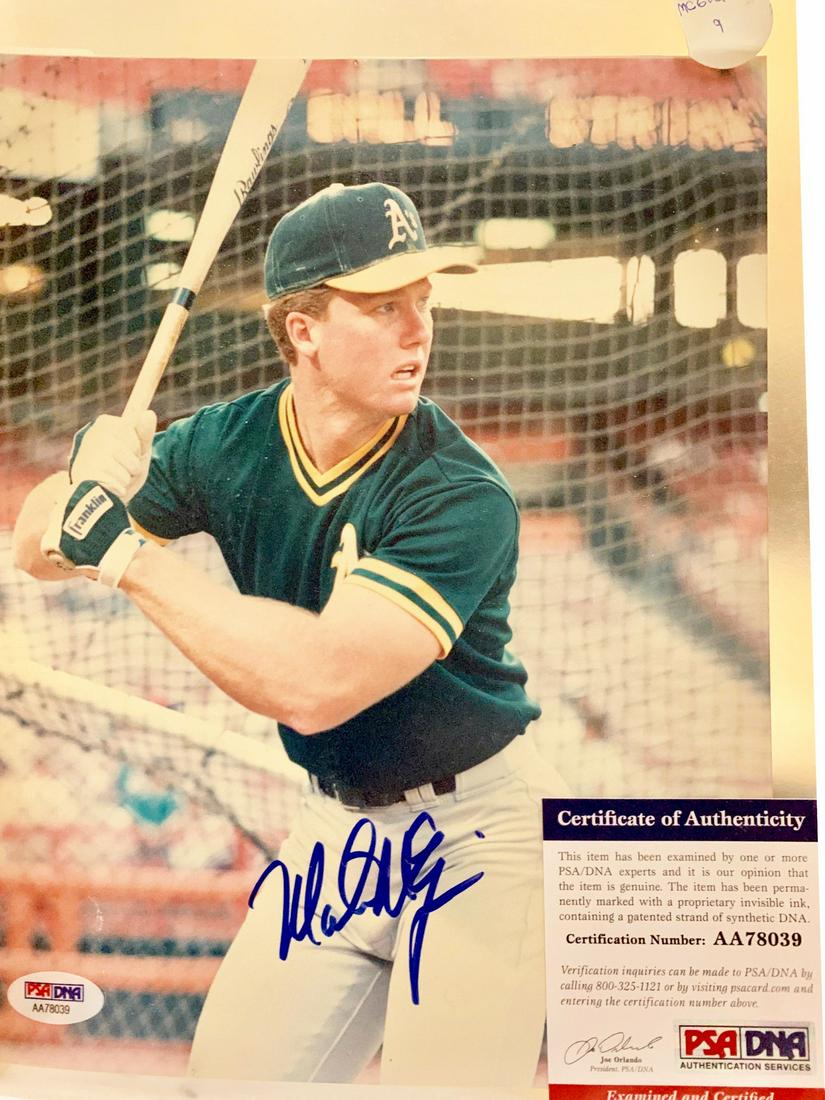 (3) PSA MEMORABLE BASEBALL PHOTO ITEMS: (1) MARK MCGWIRE ROOKIE ERA BEFORE STEROIDS. INTERESTING IN HIS ROOKIE YEAR HE HIT 49 HOME RUNS AND THIS IS HOW HE LOOKED. PSA AA 78039 (2) PETE ROSE BREAKING STAN USUALS NATIONAL LEAGUE HIT RECORD OF