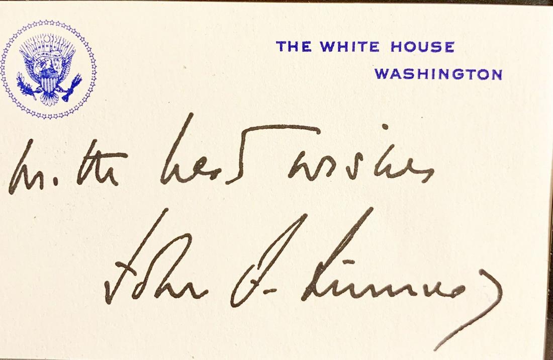 KENNEDY/JOHNSON A POTPOURRI OF FACSIMILE ITEMS: HOLIDAY GREETINGS FROM PRESIDENT AND MRS. LADYBIRD JOHNSON. A COMPLIMENTARY JFK WHITE HOUSE CARD "WITH BEST WISHES"... JOHN F. KENNEDY A STUNNING BLACK BORDER CONDOLENCE CARD WITH FREE FRANKING ENVELO
