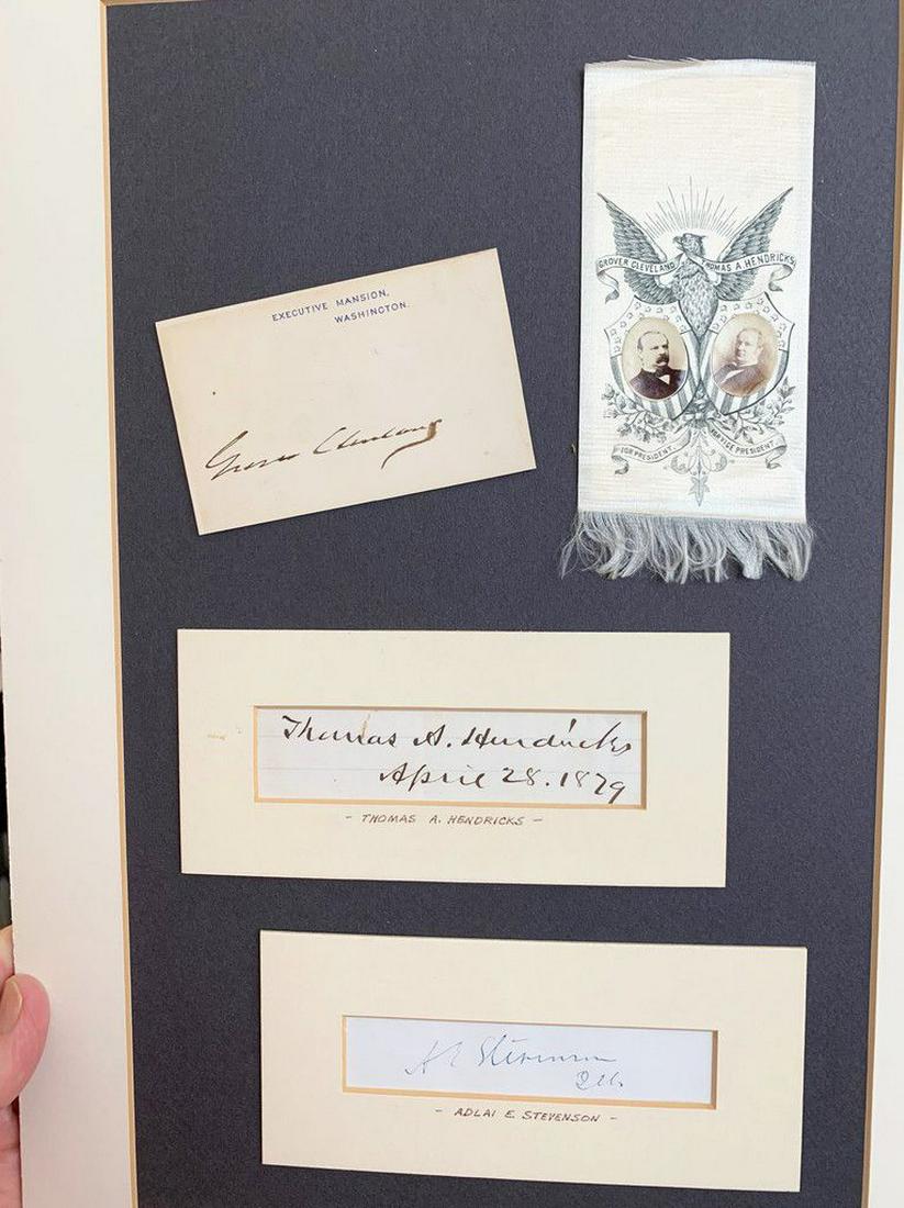 GROVER CLEVELAND EXECUTIVE MANSION CARD: GROVER CLEVELAND EXECUTIVE MANSION CARD SIGNED 12"X16" PRE MATTED READY TO FRAME CLEVELAND-HENDRICKS RIBBON CUT SIGNATURE OF THOMAS HENDRICKS HIS FIRST VP AND ADLAI STEVENSON AS HIS SECOND