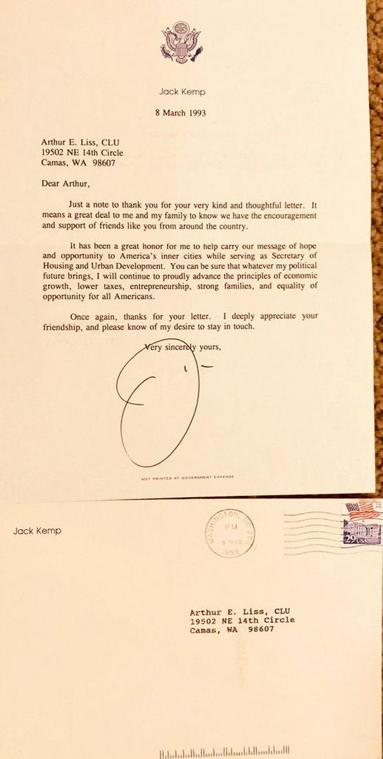JACK KEMP: TYPED LETTER SIGNED MARCH 8, 1993 WITH ENVELOPE AND DOLE-KEMP SIGN ON HIS PERSONAL STATIONARY TO THE CONSIGNOR AFTER HAVING SERVED AS SECRETARY OF HOUSING AND URBAN DEVELOPMENT. A PROFESSIONAL QUARTER